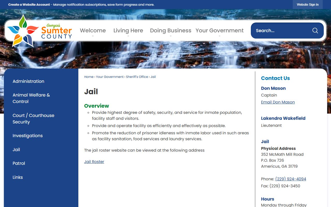 Sumter County Jail official jail page inmate roster contact